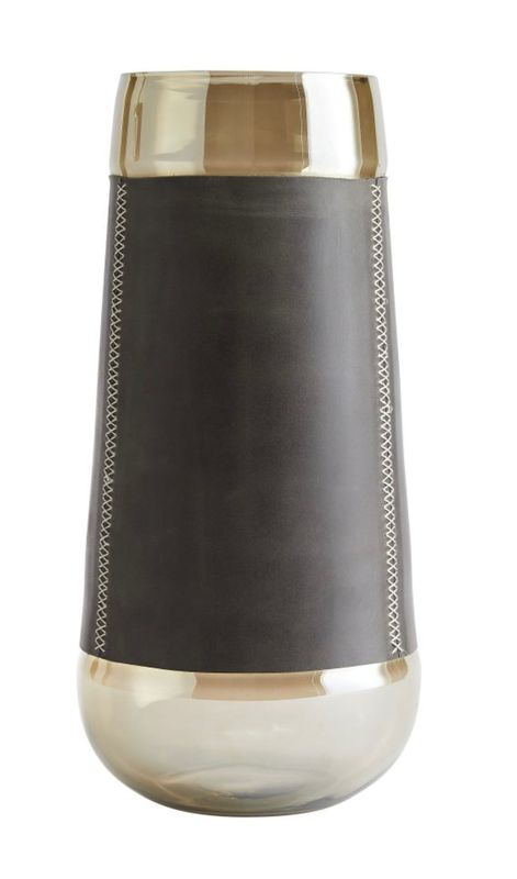 Smoke Luster Glass with Leather Sleeve Hurricane/ Vase, 16.5&quot;