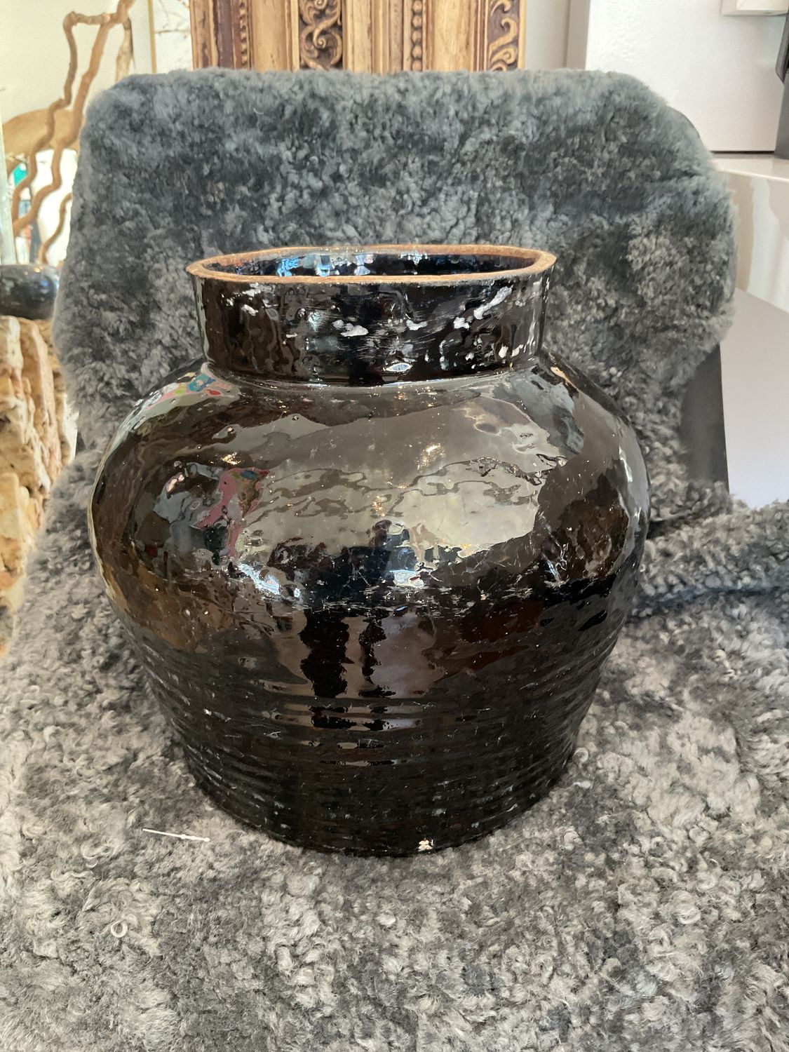 Pot Vase Ceramic Glazed Black Early 20th C. 11&quot; x 10&quot; Henan