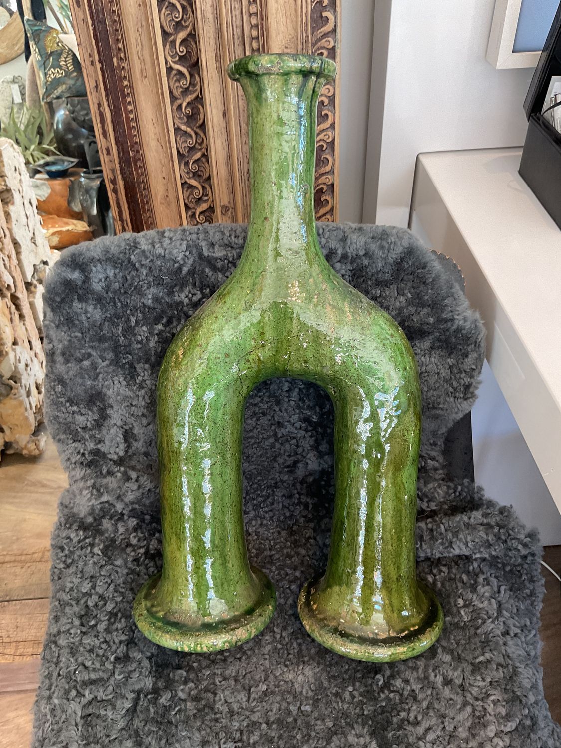 Vase Tamegroute Artisan Sculpture Green Glaze Morocco 22&quot; H
