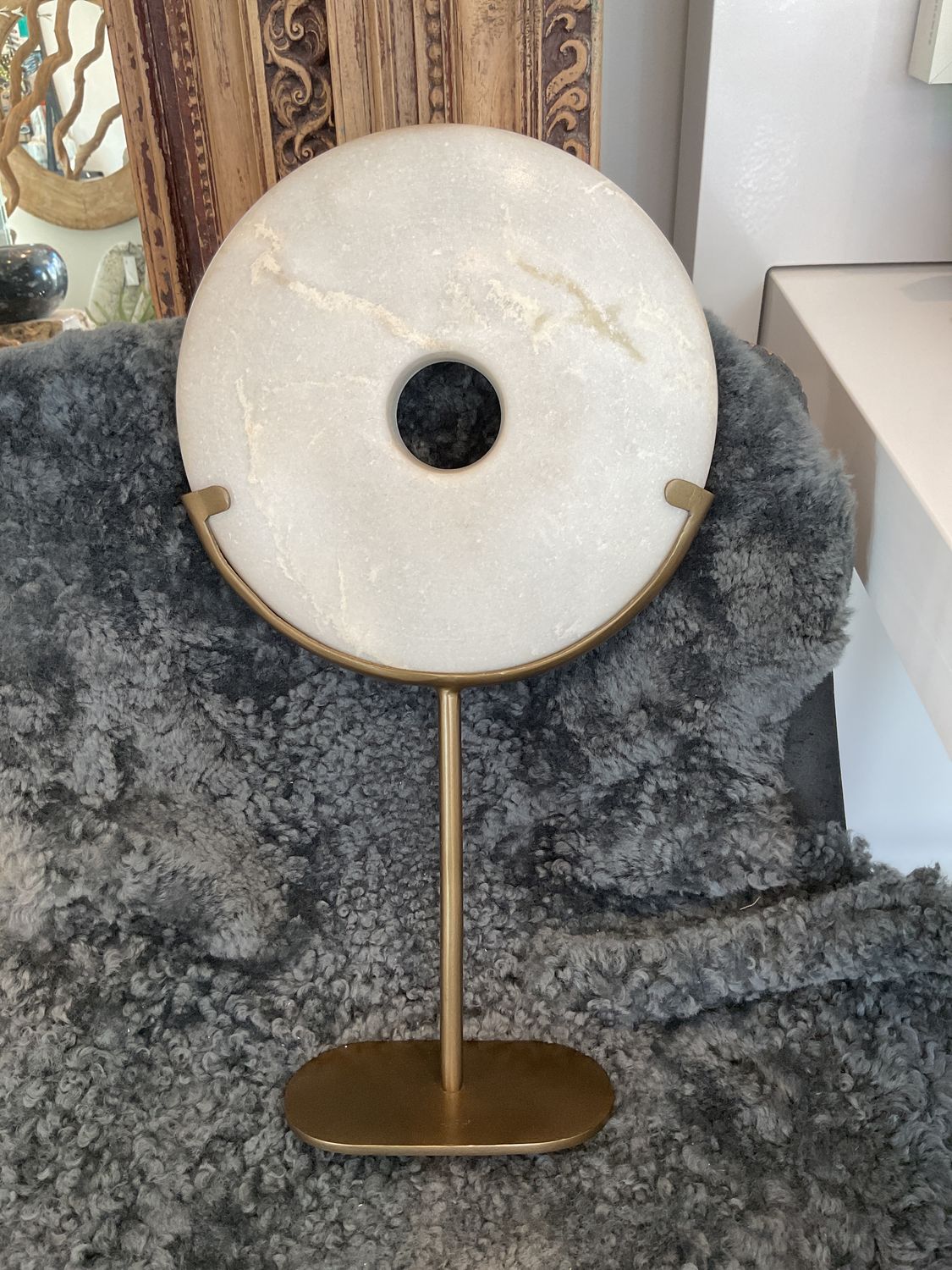 Fat Marble Disc On Burnt Gold Stand Large 19&quot; H