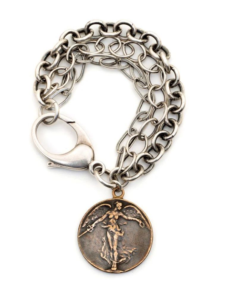 Bracelet - Oxidized Silver  Triple Chain Bracelet with Lg  Bronze Coin, &quot;Victory Angel&quot;