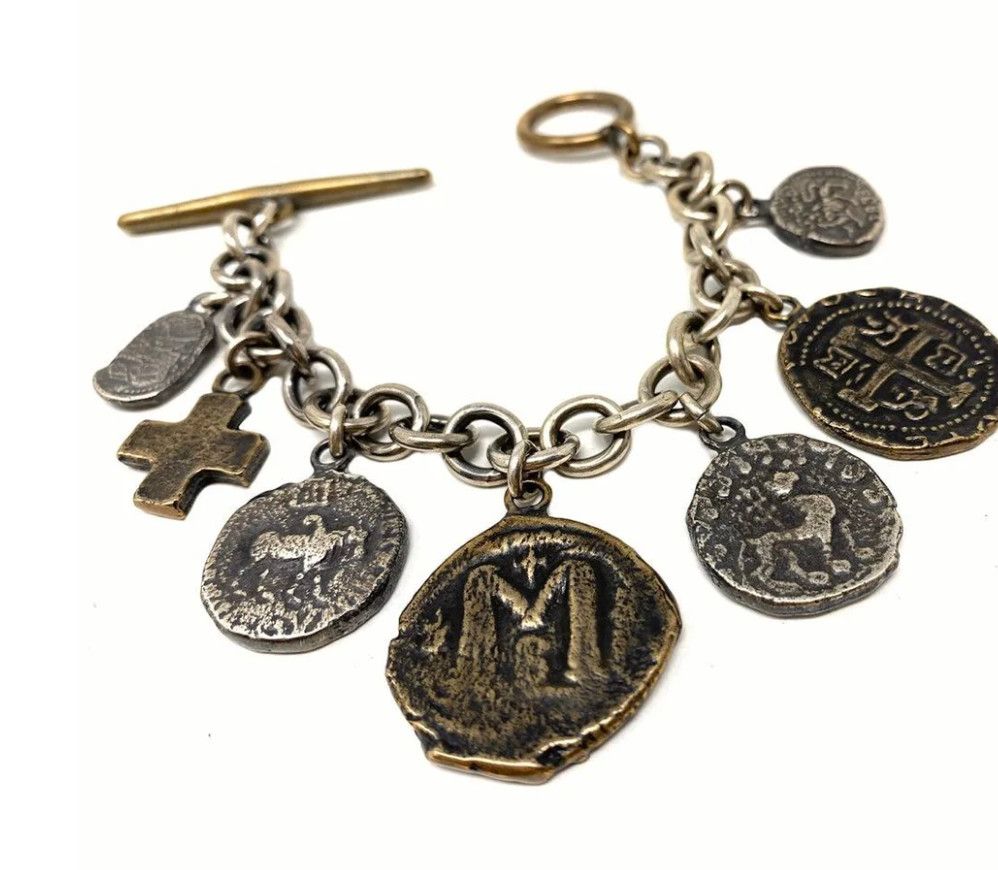 Bracelet -Sterling Silver Bracelet with Ancient Coin Charms, Mixed Metals