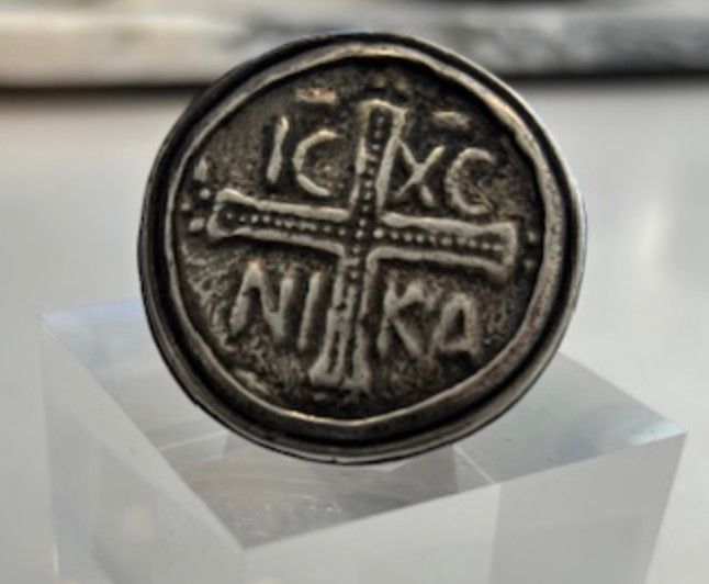 Ring - Sterling Silver Coin Ring with Greek Cross, &quot;In The Name of The Father&quot;, Size 8