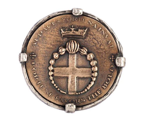 Ring - Bronze &amp; Sterling Coin Ring, Crown &amp; Cross, &quot;Fortune Favors the Bold&quot;, Size 8.5