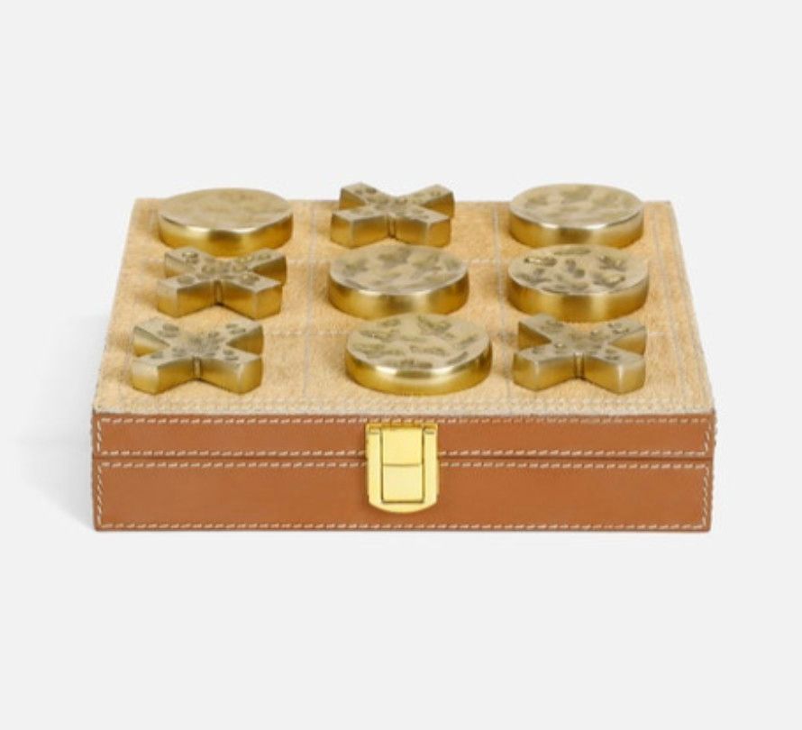 Tic Tac Toe Set, Hide &amp; Full Grain Leather, Beige/Camel, 8&quot; Sq
