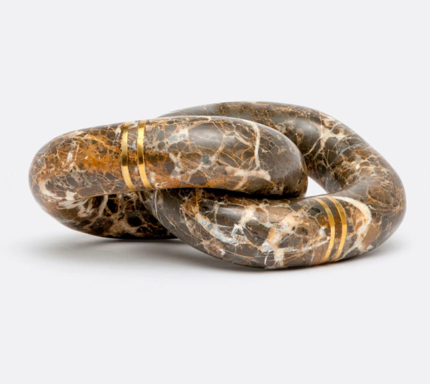 Marble Chain Link Knot Sculpture, Multi Browns Snake with Brass Inlay,  10&quot; x 6&quot; x 2&quot;