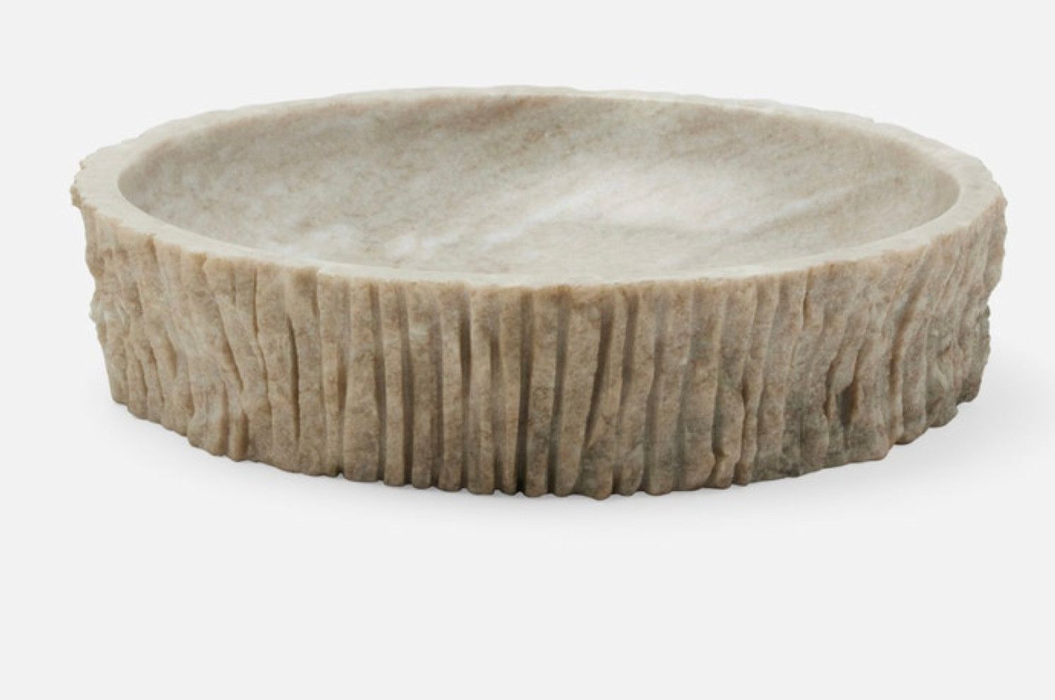 Beige Marble Bowl, Polished Interior, Linear Texture Exterior, 11&quot; Diam x 3&quot; H