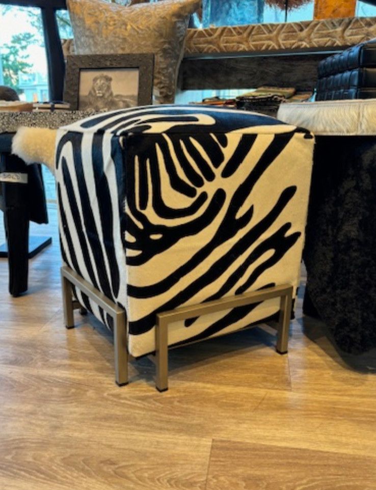 Zebra Pouf Cowhide on Metal Stand 18&quot; pouf, Total height 22&quot;