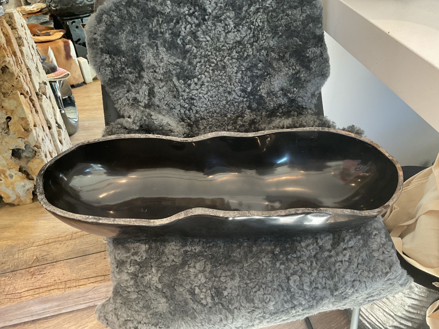 Canoe Bowl Black Polished Marble Raw Edged 24 x 8.5