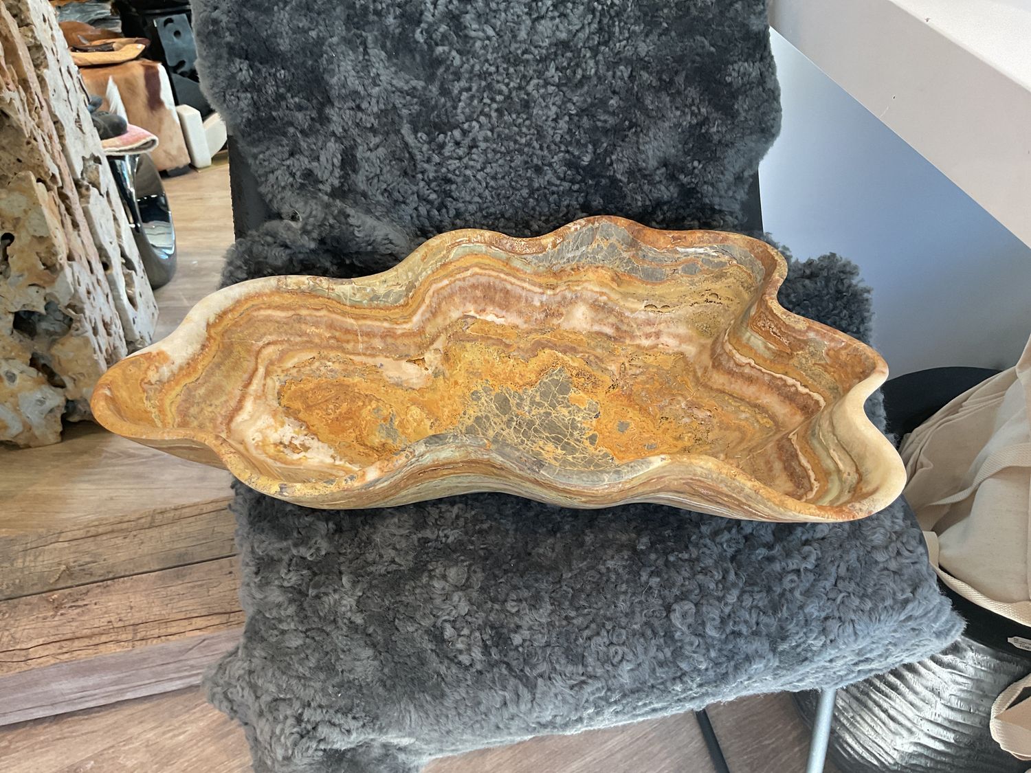 SOLD Bowl Onyx Matte Gray Gold Tan Organic Shape 21 x 14.5