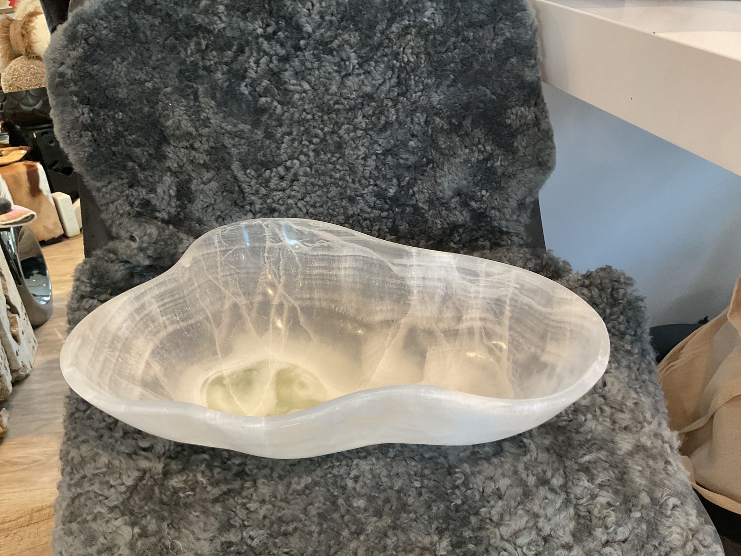 Ice White Polished Onyx Bowl  Organic Shape 15&quot;