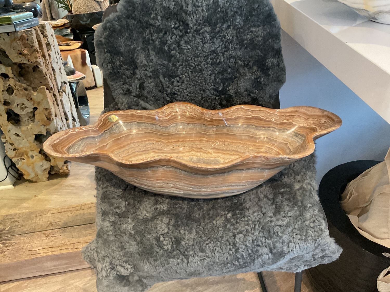 Bowl Polished Onyx Browns Long Organic Shape 25&quot;