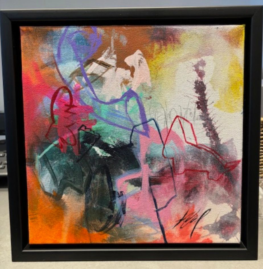 Original Art by Kelly O&#39;Neal, Abstract Mixed Media on Canvas, Matte Blk Frame, 12&quot; x 12&quot;