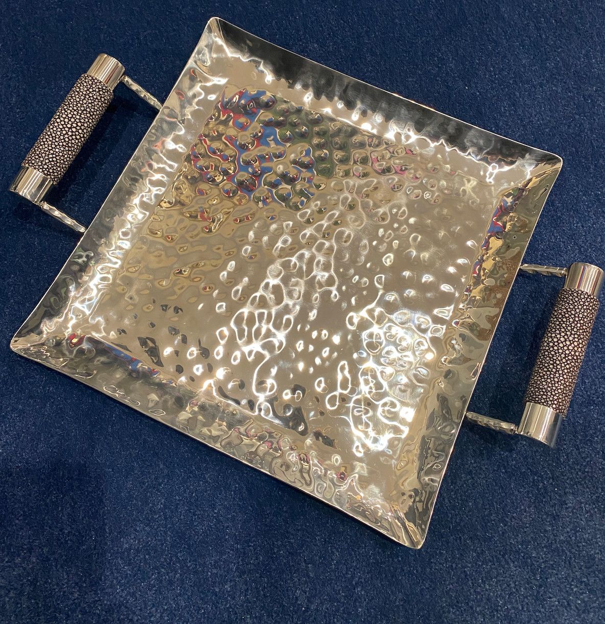 Serving Tray - Hand Forged Stainless with Grey Shagreen Handles , Square 12&quot;  x 12&quot;
