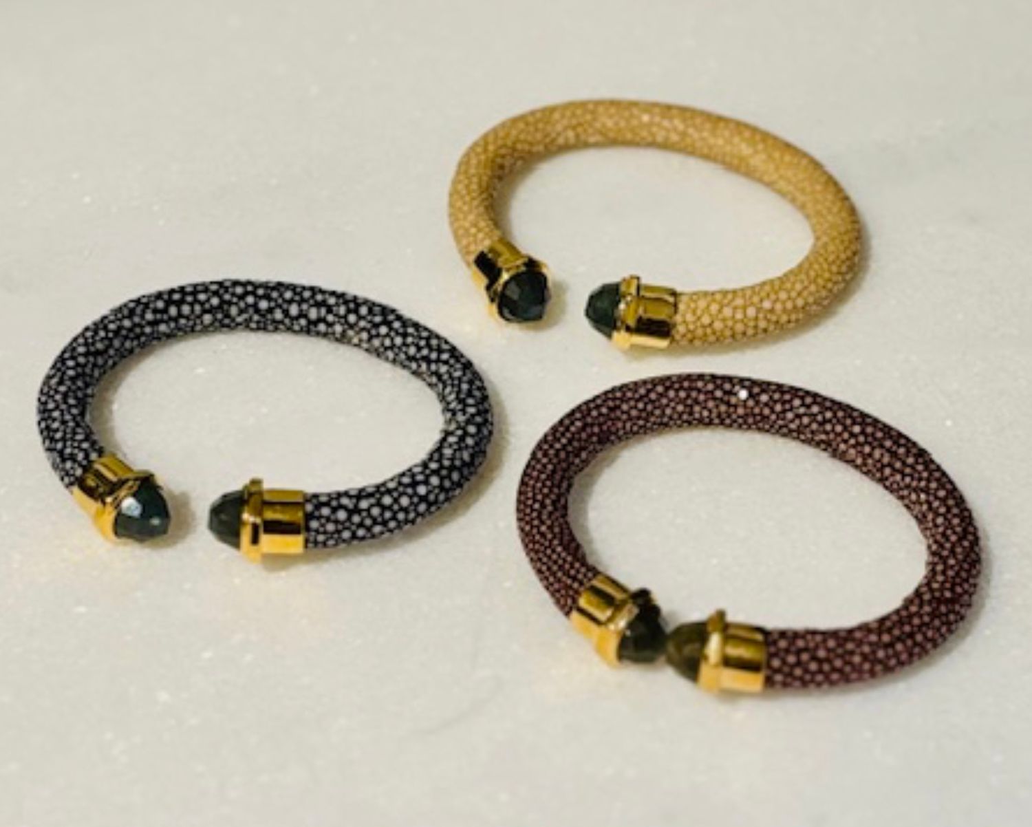 Genuine Latte Shagreen Cuff Bracelet w/ Faceted Labradorite Latte
