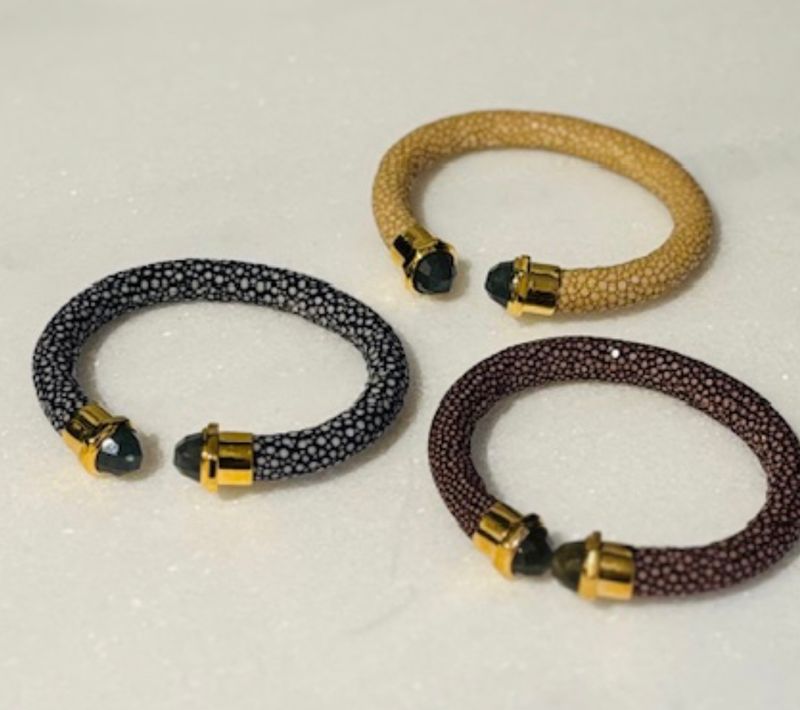 Genuine Shagreen Cuff Bracelet w/ Faceted Labradorite Chocolate &amp; Ink