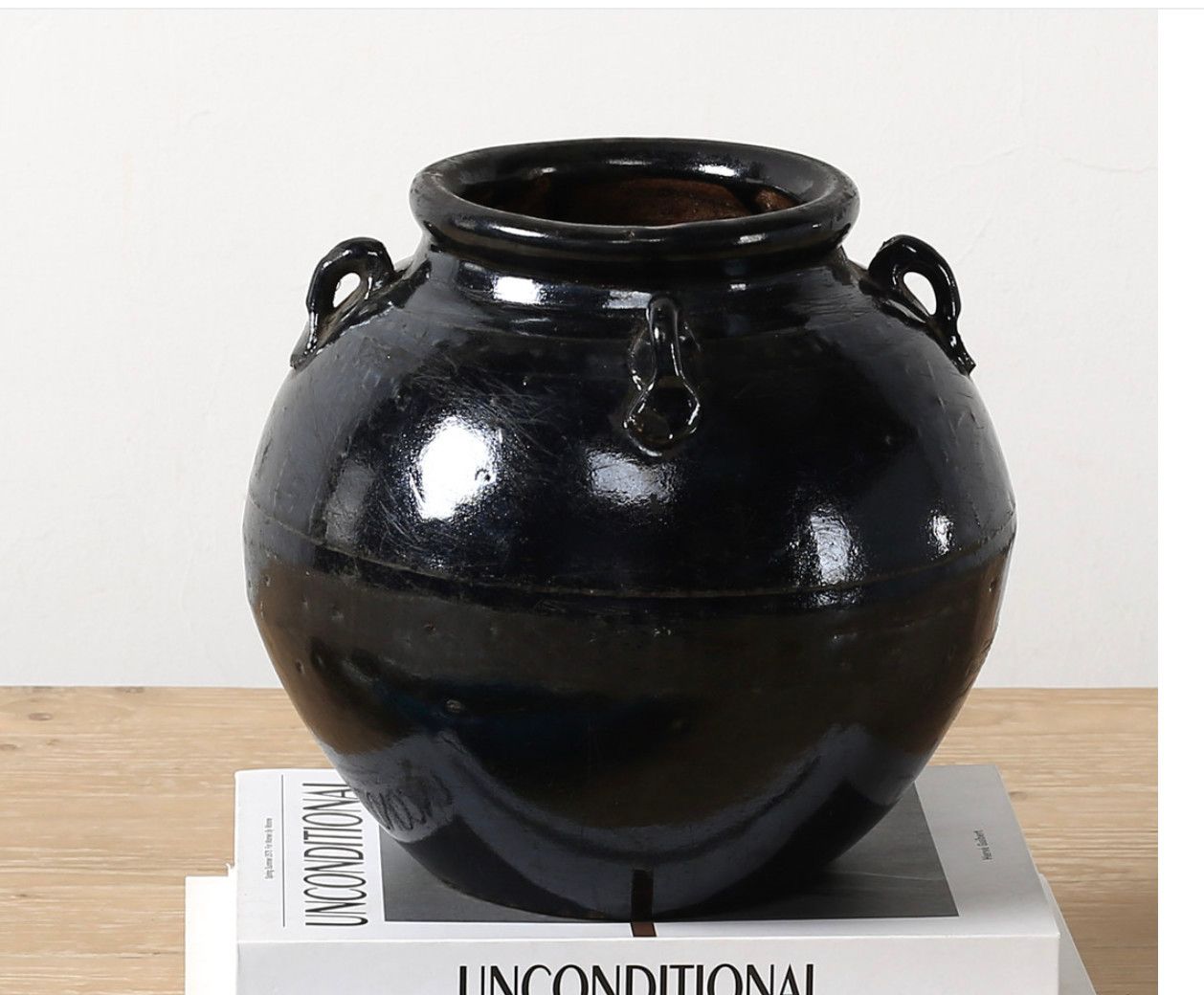 Vintage 4 Handle Black Brown Glaze 9&quot;h Approx (med)