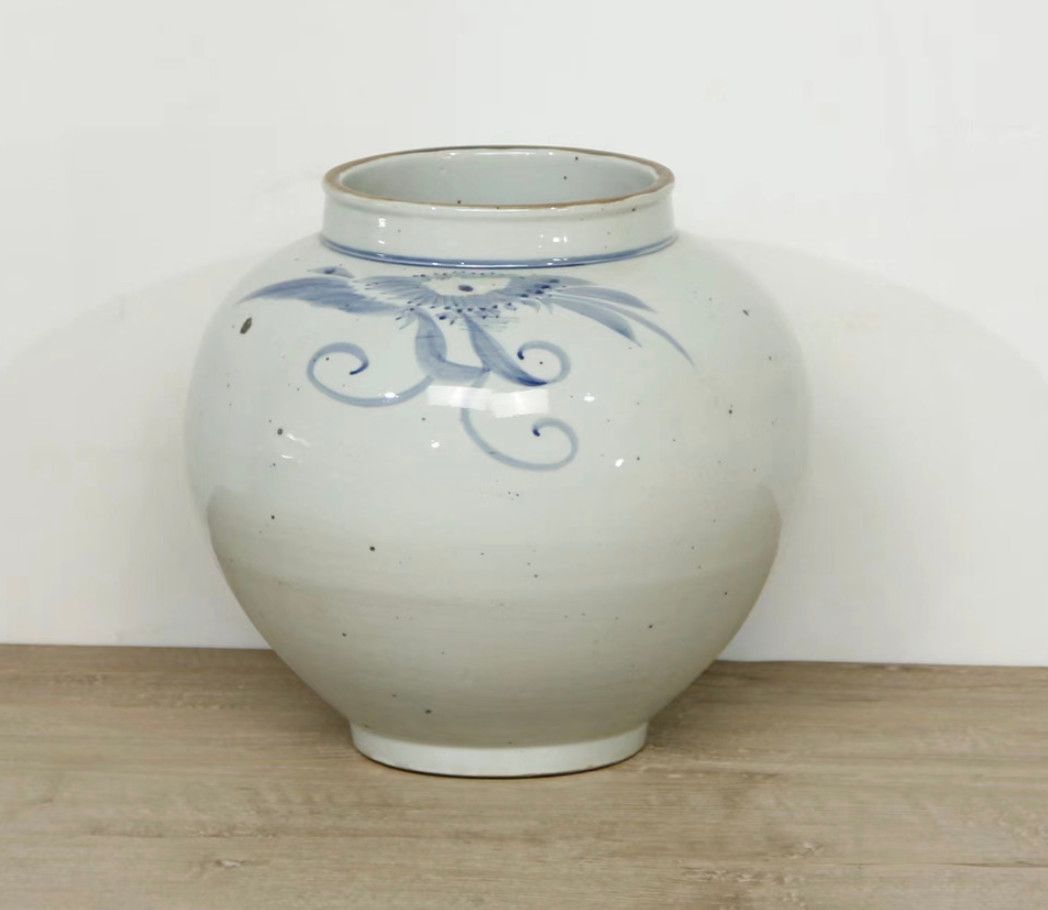 Vintage Style Blue White Round Vase, Floral Print, 11&quot; x 11.42&quot; x 6.3&quot;