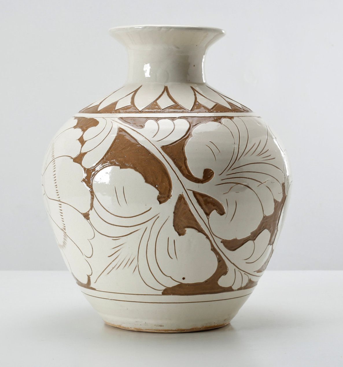 Vase, Double-Glazed Large Flower Motif, Small Opening, Ivory/Taupe, 11&quot; x 13&quot;x 5&quot;