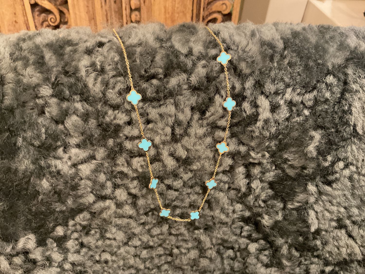 Necklace 14K With Nine Turquoise Clovers