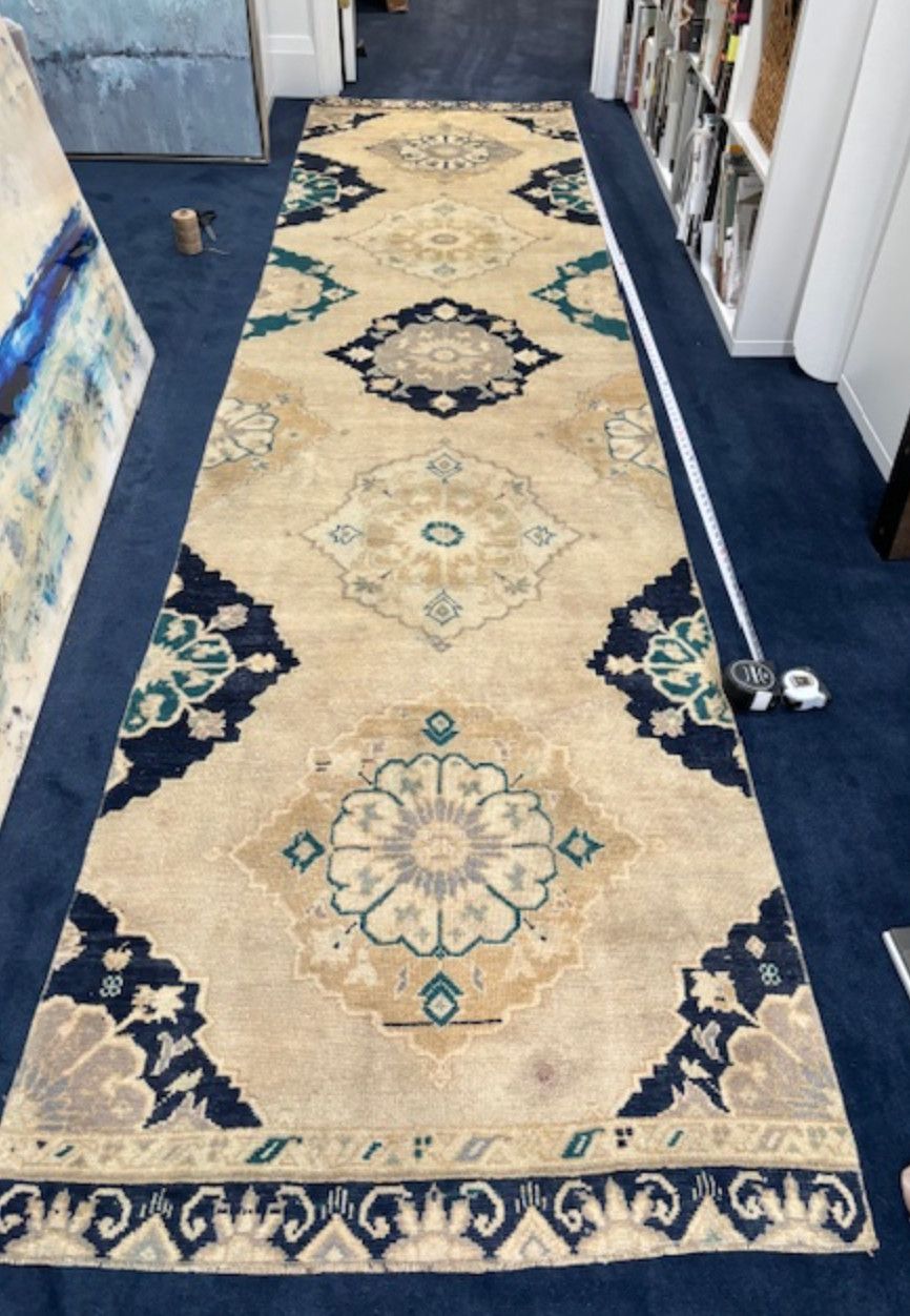 Turkish Wool Runner, Tans/Blues, 12&#39;0&quot; x 3&#39; 1&quot;
