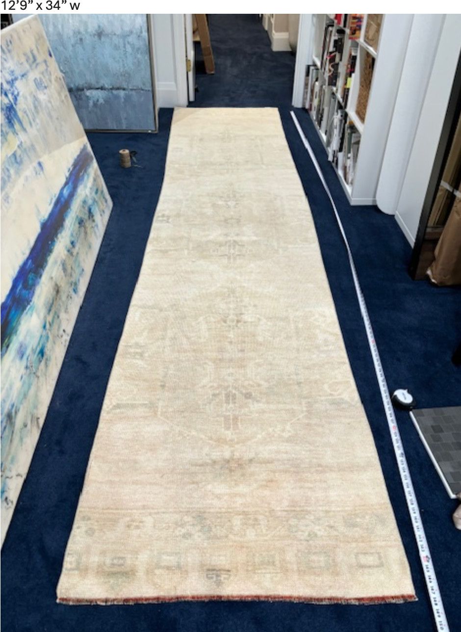 Turkish Wool 12&#39;9&quot; x 34&quot; Runner, Lt Neutrals, Hand Knotted