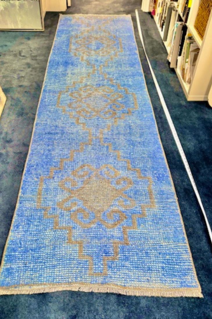 Turkish Wool Runner, Vibrant Blue, 10&#39; x 32&quot;