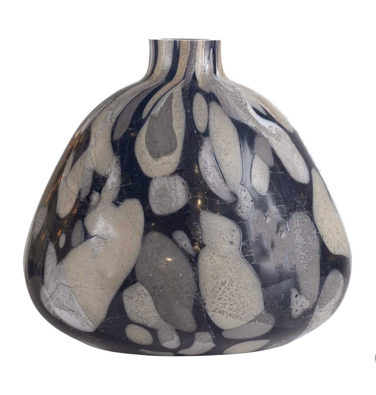 SOLD Hand Blown Art Glass Vase, Black with Grey, Beige, Off-White Speckles, 11&quot; x 10&quot;