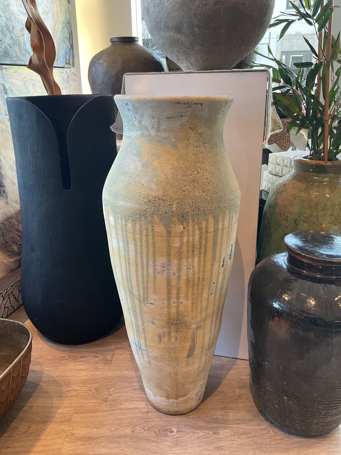SOLD Floor Vase Urn 40&quot; x 16&quot; Off White Pale Blue Green Drip Terracotta