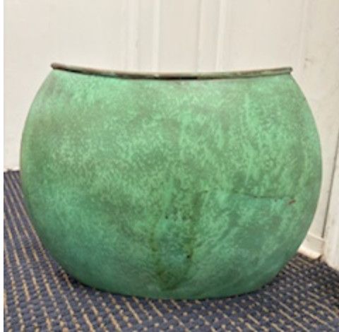 SOLD Copper Elliptical  Opening Narrow Vase, Green, 14.5&quot; H