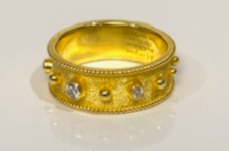 18K YG Ring Diamond &amp; Bead Detail, Sz 7.5 Artisanal