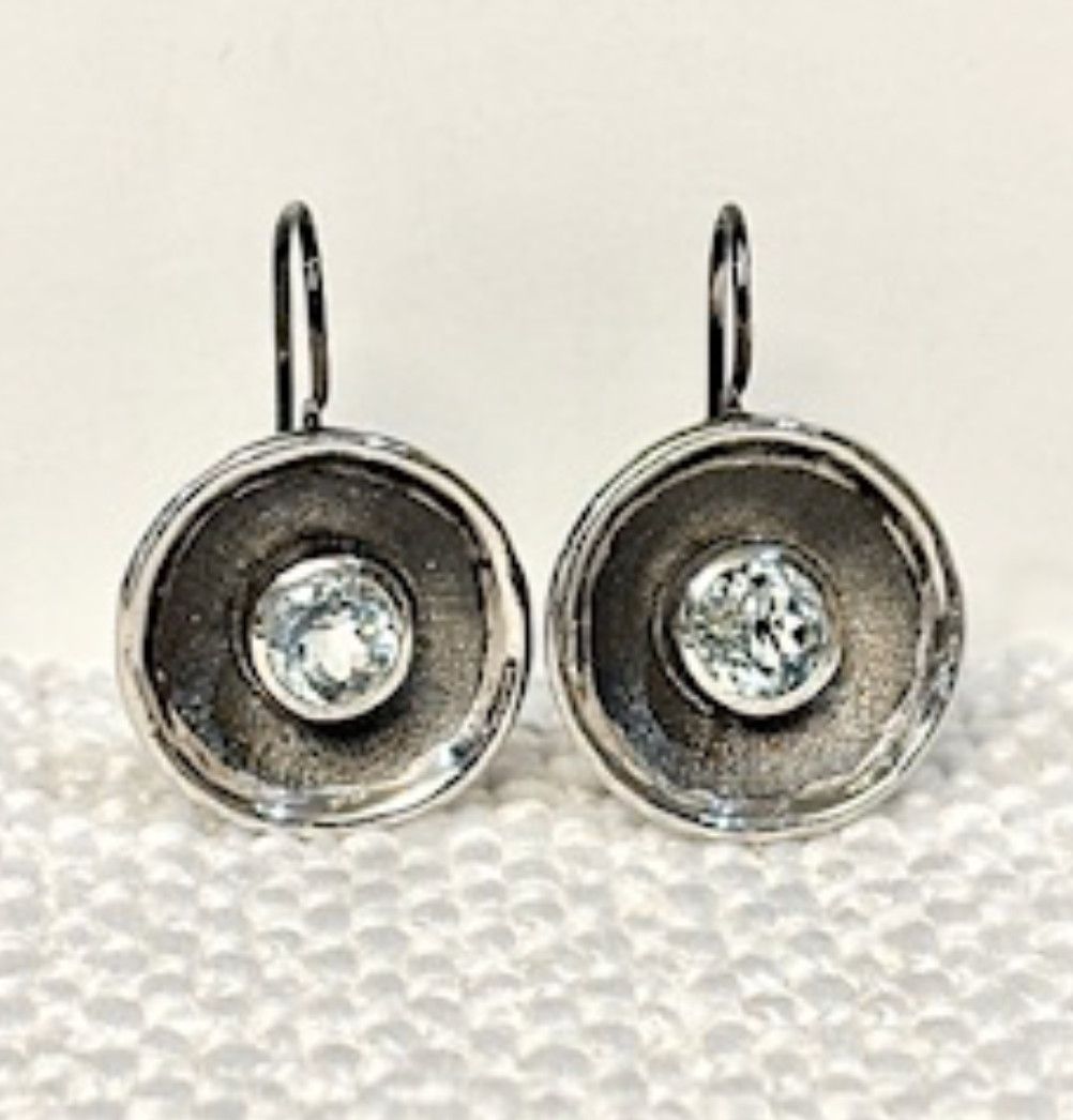 Earrings Aquamarine Center 1 ct Each Sterling Oxidized Disc