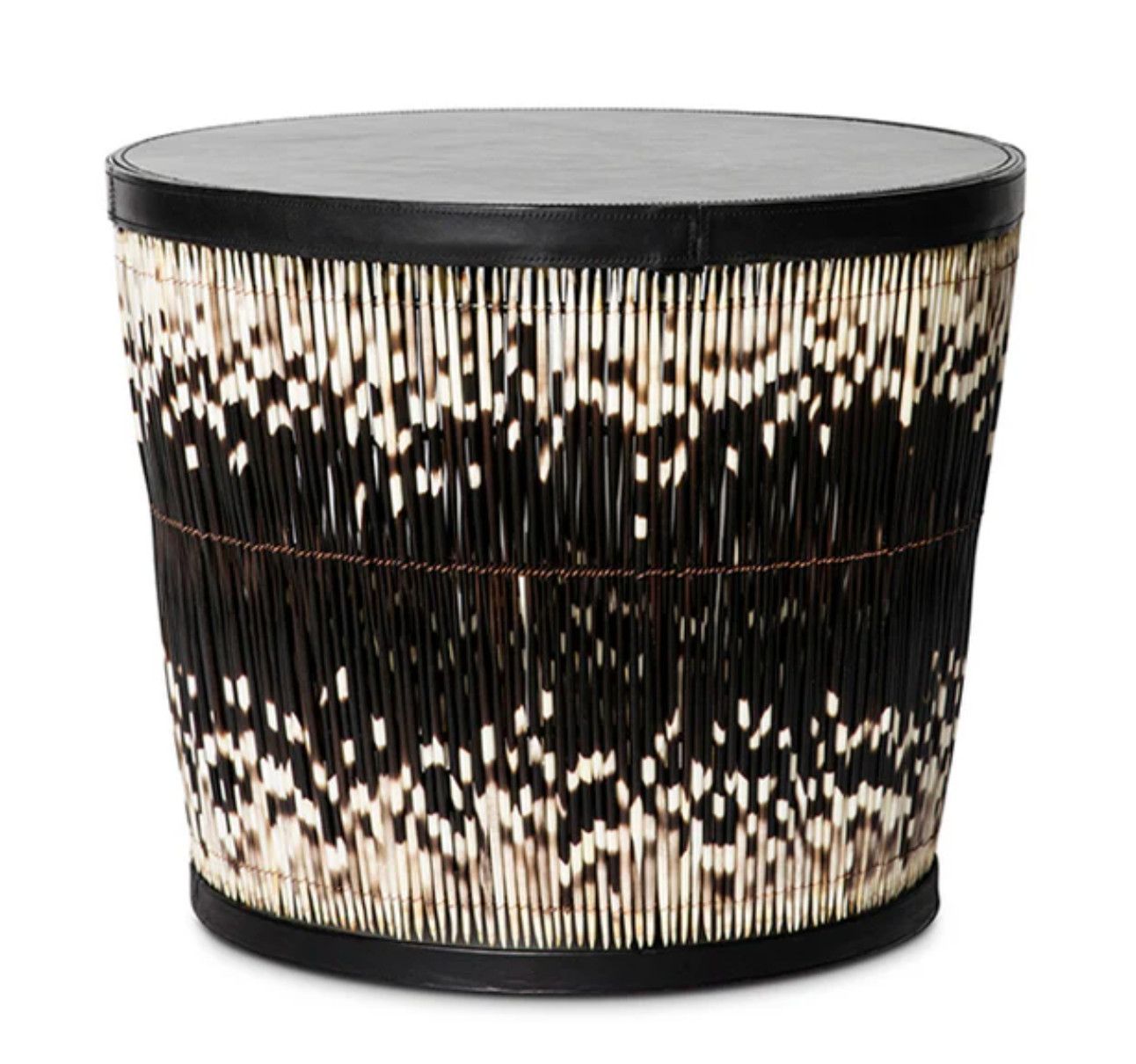 SOLD Genuine Porcupine Quill Side Table with Leather Top, 22&quot; D x 18&quot; H