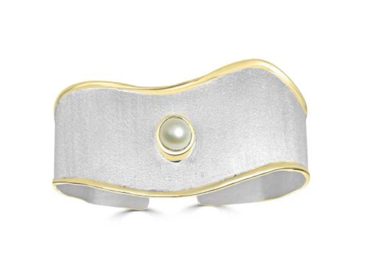 Silver Cuff Wave Bracelet with Fresh Water Pearl, Gold Trim and Bezel