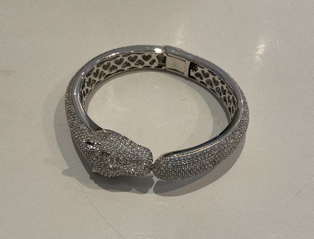 925 Silver Leopard Bracelet with CZ, Hinged Bangle