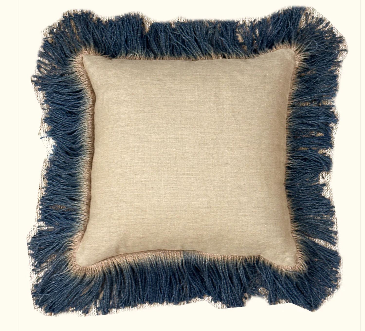 Pillow, Natural Linen with Blue Ombre Fringe, 20&quot; x 20&quot;