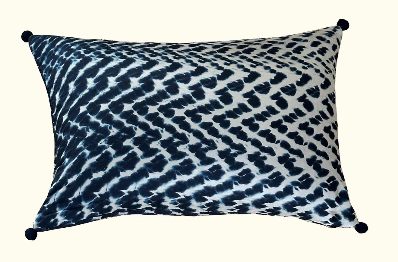Pillow, Silk Indigo Blue &amp; White with Corner PomPoms, 16&quot; x 24&quot;