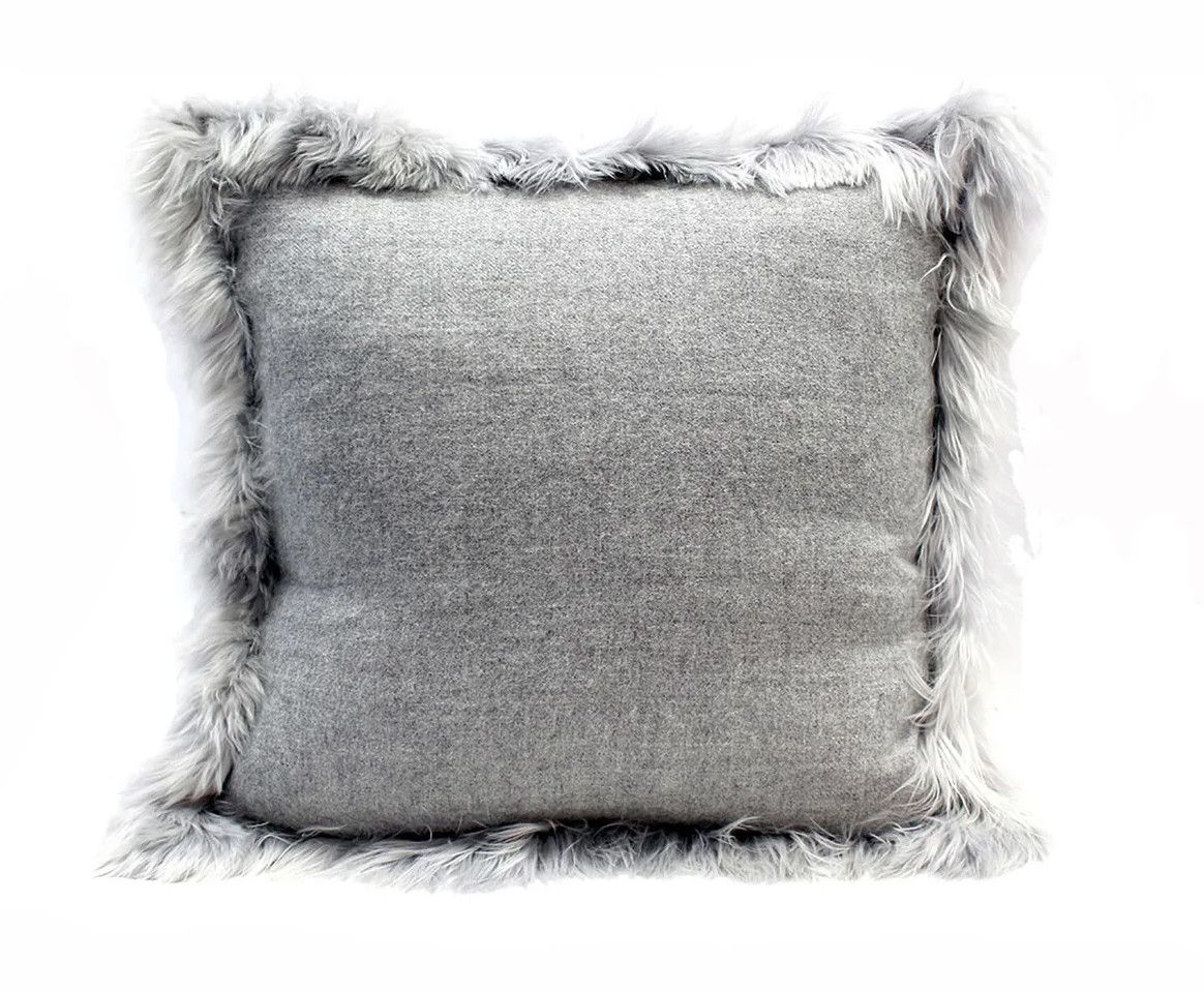 Pillow, Genuine Alpaca Fur Trim, Gray, 18&quot; Square