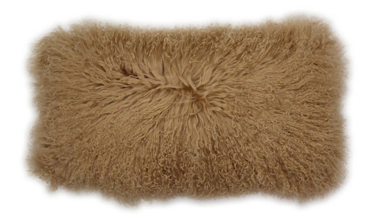 Pillow,  Sheepskin Long Hair Curly, Toffee, Lumbar, 11&quot; x 22&quot;