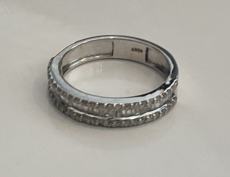 Ring, 10K White Gold with Diamond Baguettes. Half Band,  .83 Carat, Sz7.5