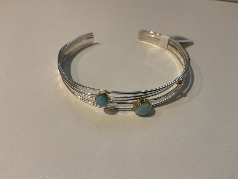 Bracelet, Silver with Gold Bead and Larimar, Multi-strand Cuff