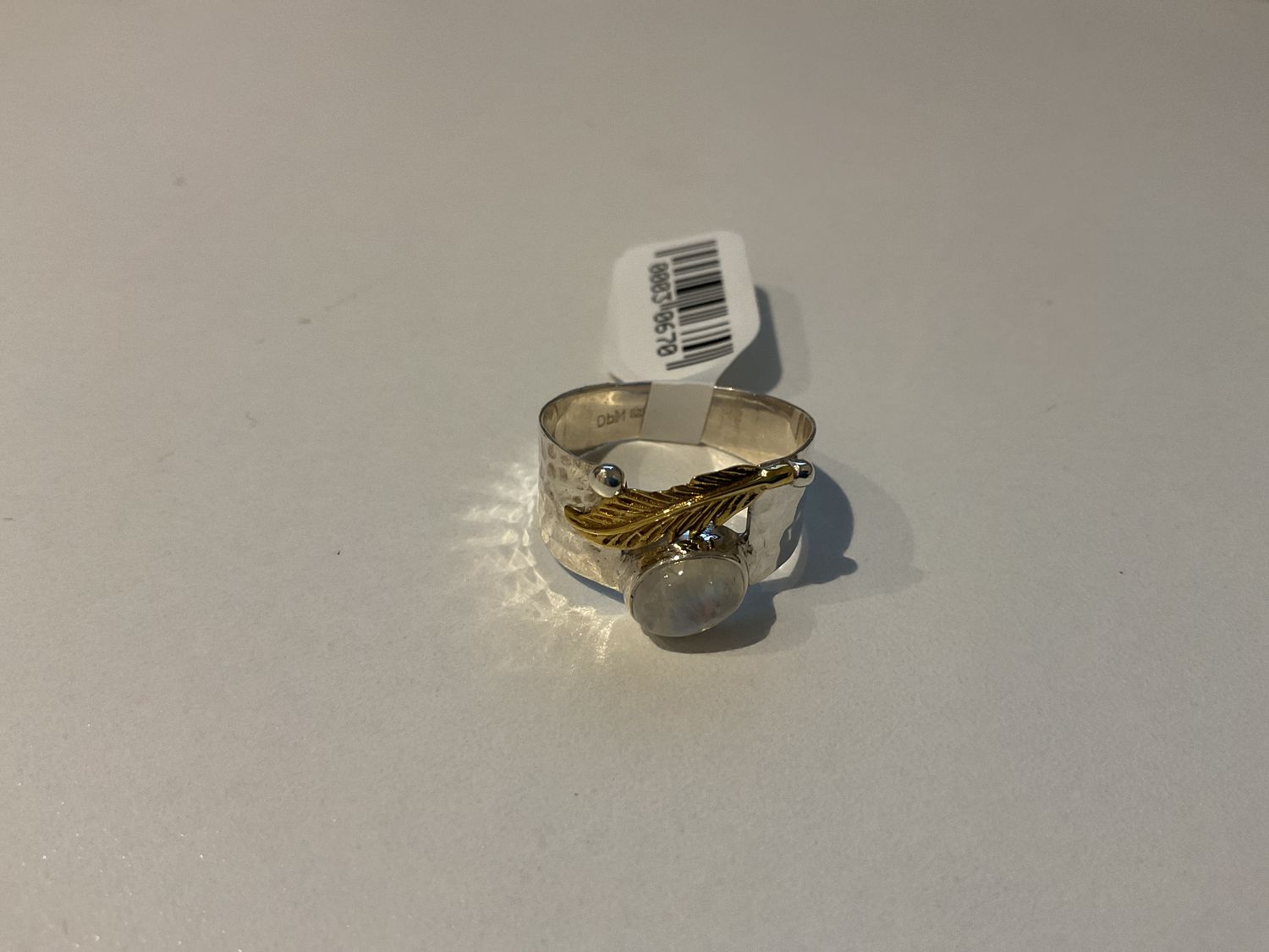 SOLD Ring, Silver with Moonstone and  Gold Feather,Sz 9
