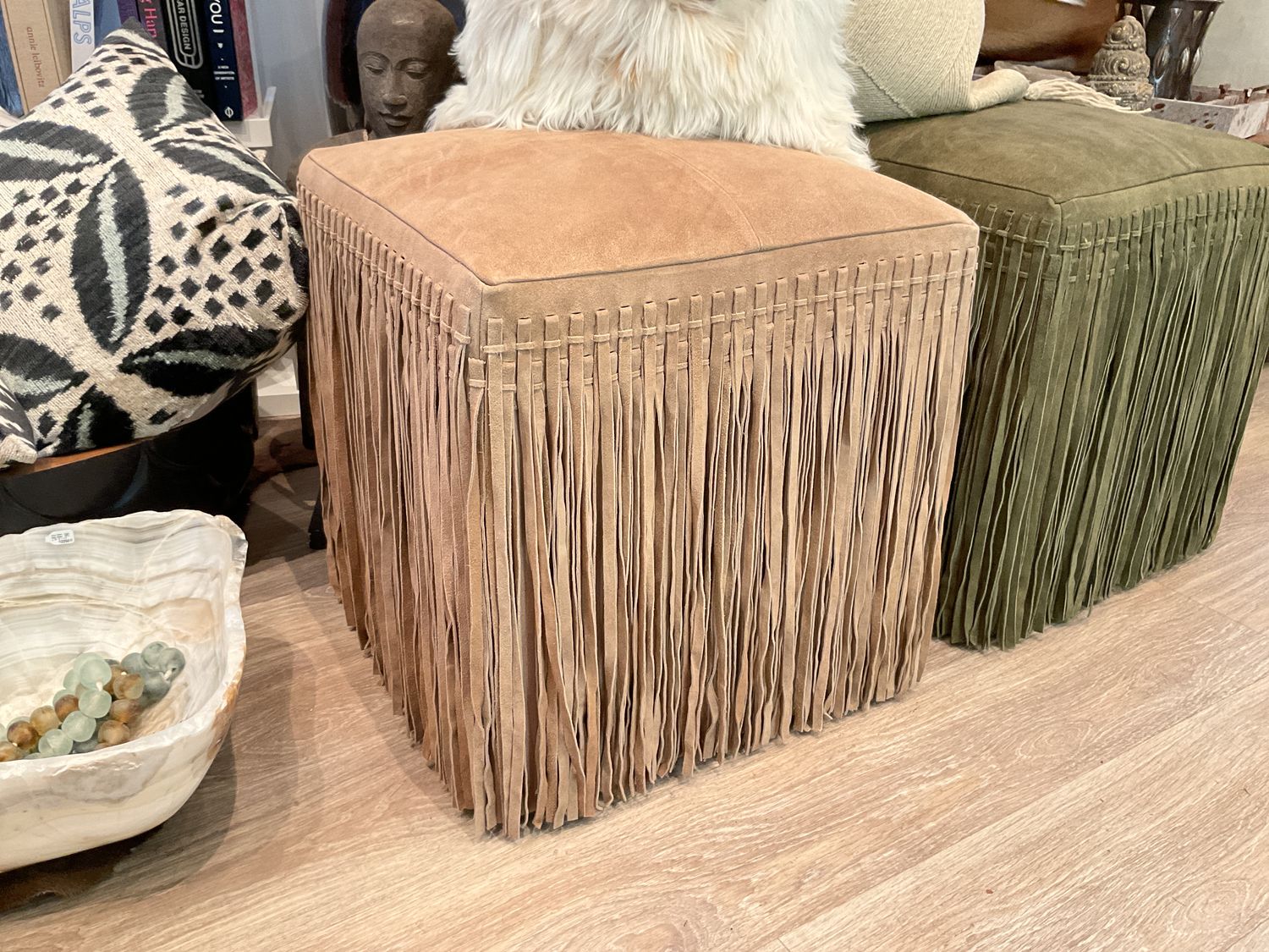Ottoman Square Suede Fringe Taupe 18&quot; x 19&quot;