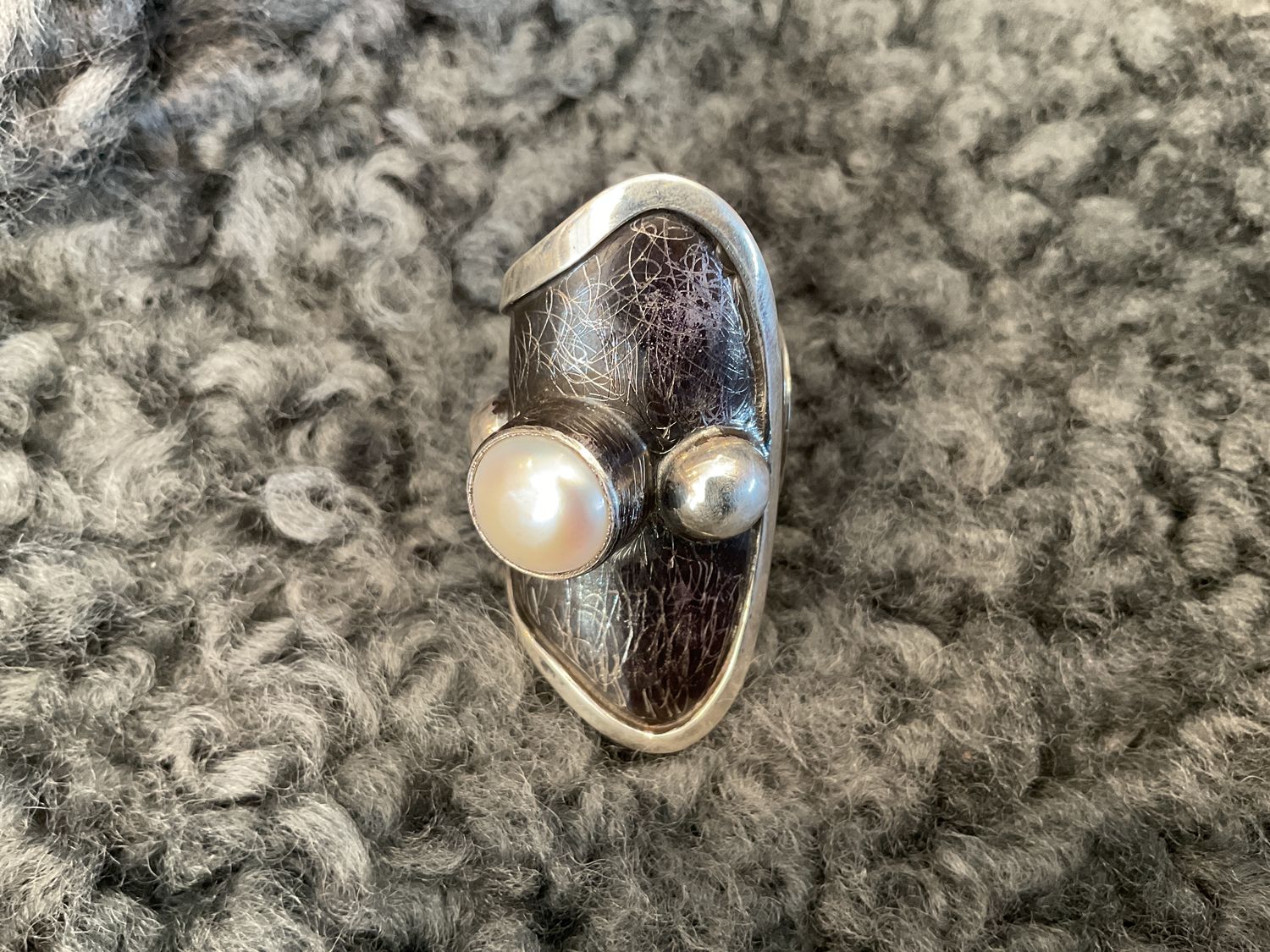 SOLD Ring Sterling Oxidized Wrap Fresh Water Pearl w/ Side Dots