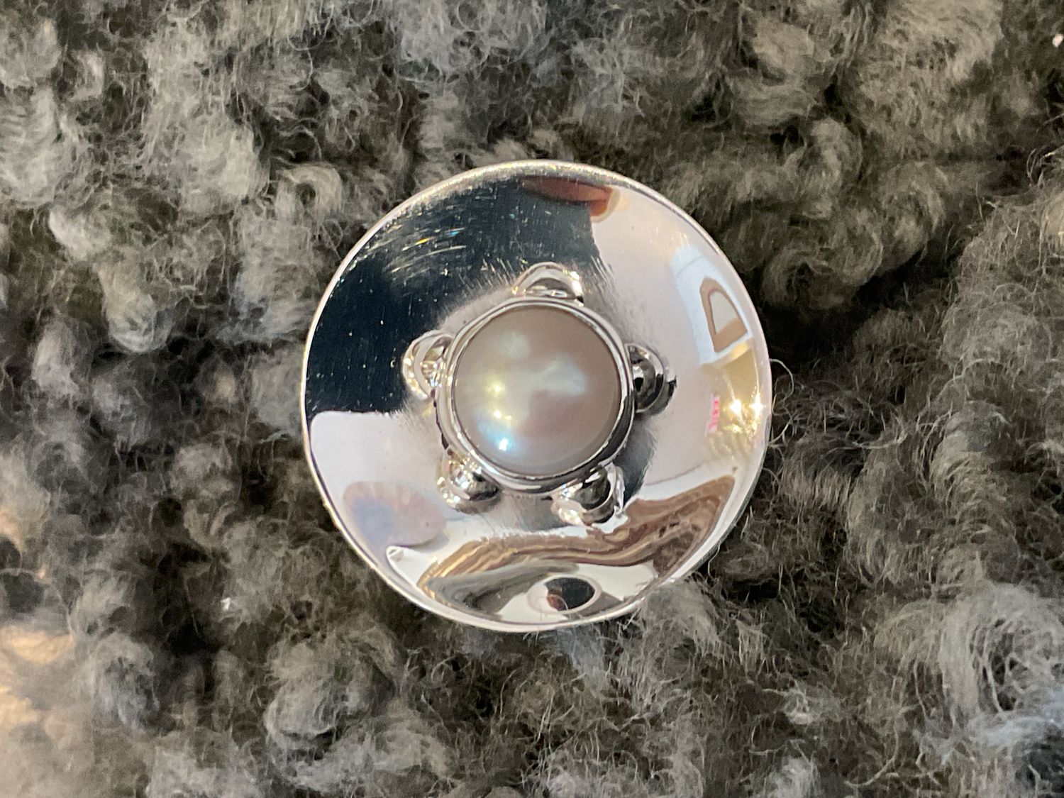 Ring Sterling Disk w/ Freshwater Pearl High Polish Adjustable