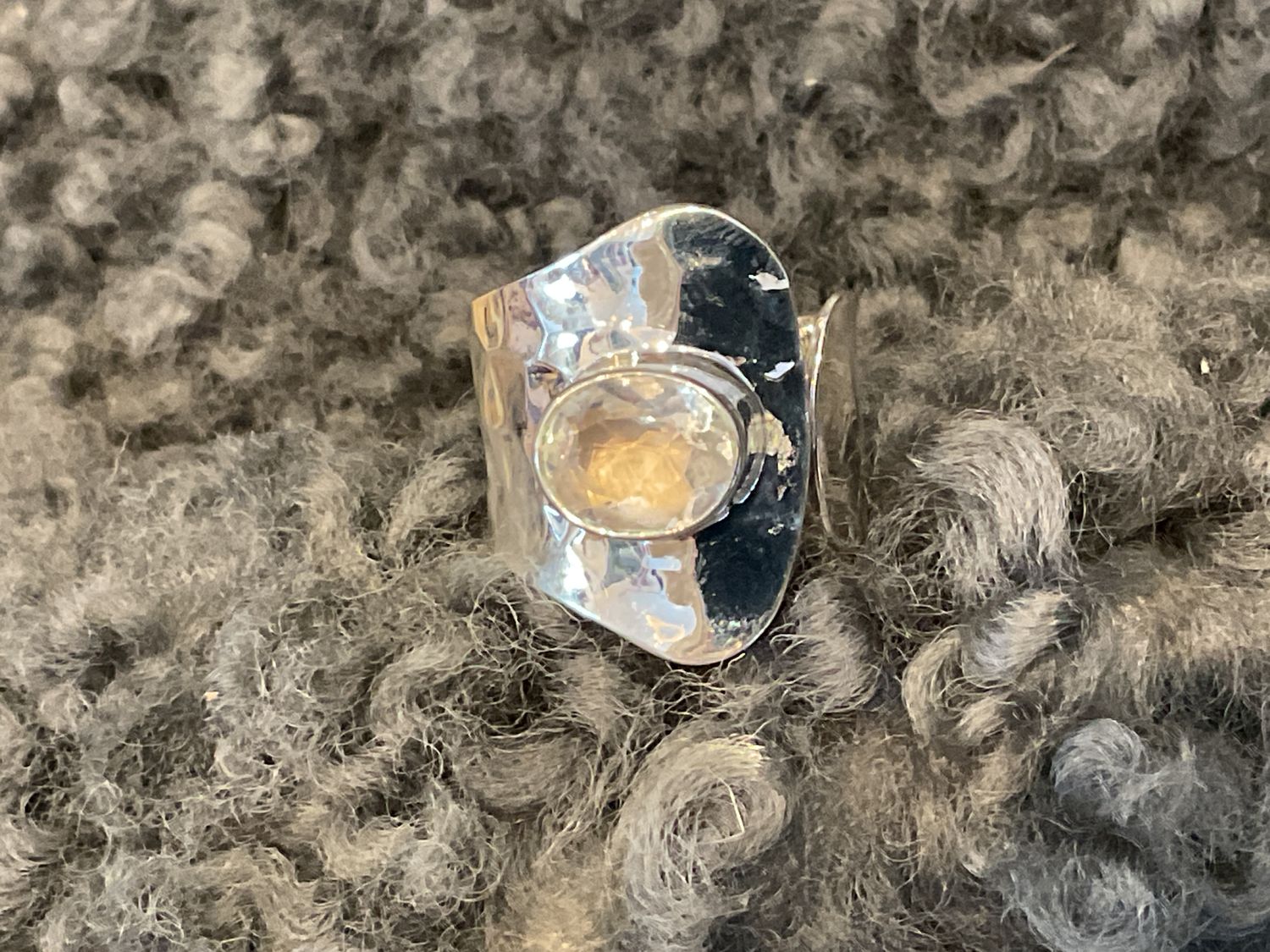 *Ring Sterling Hammered w/ White Topaz Wrap Adjustable