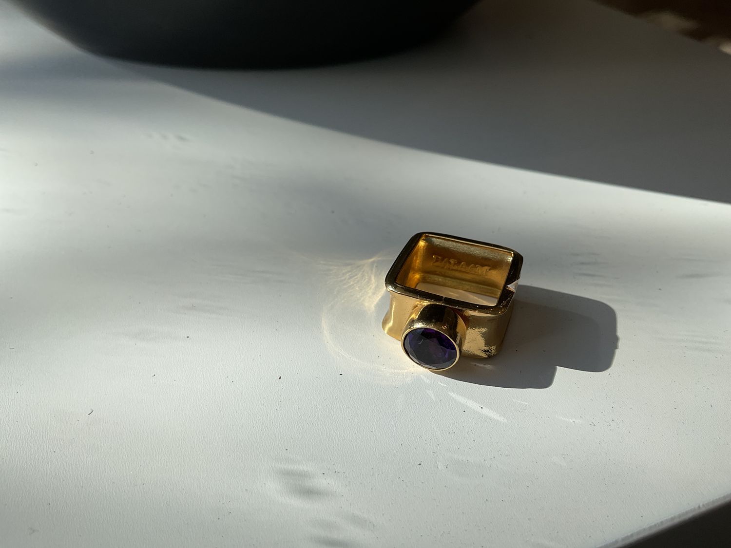 Ring- Square Gold Tone with Lab Amethyst, Sz 7