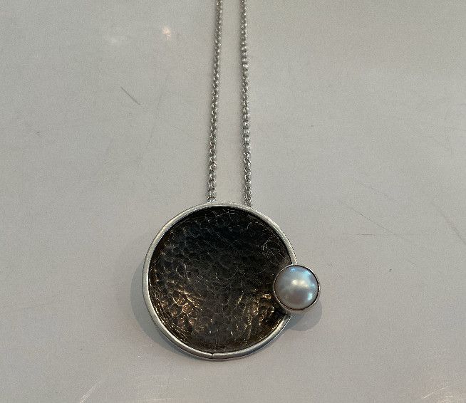 Sterling Silver Round Disk Pendant with Off-centered Freshwater Pearl, Oxidized