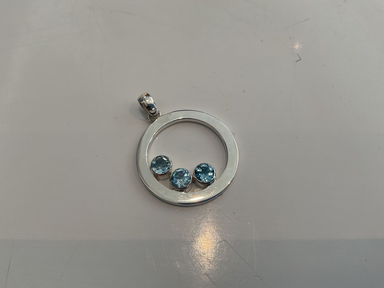 Round Pendant, Sterling Silver with 3 Round Blue Topaz