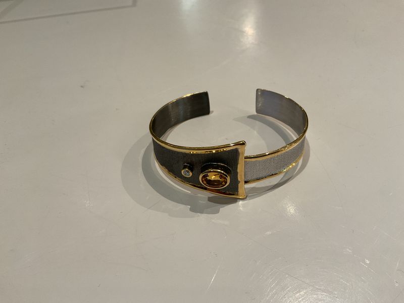 Handmade Two-Tone Silver &amp; Gold Cuff Bracelet with 1.75 CT Citrine and Diamond, Buckle